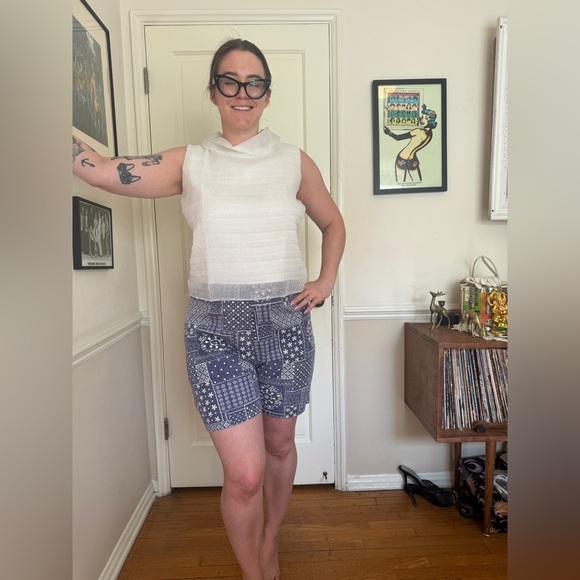 Vintage Pants - 60s Vintage Blue Back Zip Bandana Patchwork Print Back Zip Shorts